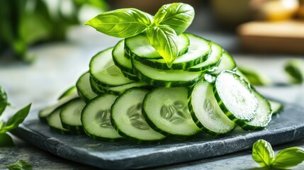 Poster - A vibrant pyramid of sliced cucumbers, topped with a fresh basil leaf, showcasing a creative and healthy snack idea with a summer-inspired presentation.