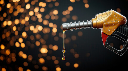 Poster - close up of golden gasoline pump nozzle with droplets of fuel against bokeh background, creating dramatic and dynamic effect