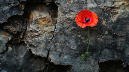 Poster - A vivid poppy flower grows defiantly through cracks in an old stone wall, symbolizing nature's strength and beauty in a place of decay.