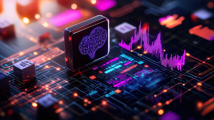 Leinwandbilder - conceptual image of artificial intelligence algorithms, featuring digital brain icon and data visualization on circuit board, highlighting technology and innovation