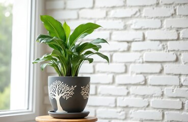 Poster - Aspidistra plant in decorative pot, set on wooden stool against white brick wall. Interior plant green home decor element. Modern houseplant care, plant care, interior styling, home design.
