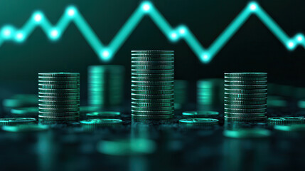 Fototapete - Stacks of coins are arranged against backdrop of glowing financial graph, symbolizing economic growth and investment potential. emerald green hue adds futuristic and optimistic feel
