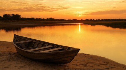 Poster - A wooden boat peacefully rests on a sandy riverbank, bathed in the warm glow of a dusky orange sky, creating a calm and reflective atmosphere.