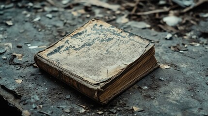 Aufkleber - A worn and damaged book lies on a weathered surface, surrounded by debris, evoking a sense of abandonment and desolation in a neglected space.