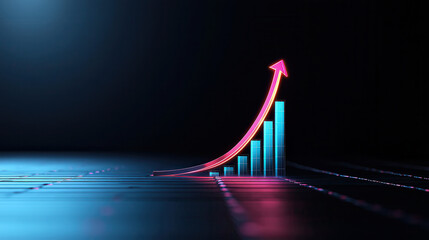 Poster - glowing pink arrow curves upward over series of blue bars, symbolizing growth and success in digital environment. dark background enhances vibrant colors, creating futuristic feel