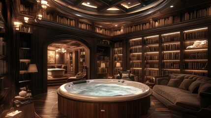 Poster - An elegant library with a round hot tub in the center, surrounded by bookshelves and soft, warm lighting, offering a peaceful retreat for relaxation.