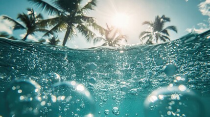 Poster - Bubbles rising in crystal-clear water, sunlight streaming through, and palm trees in the background, capturing a peaceful, tropical vibe.