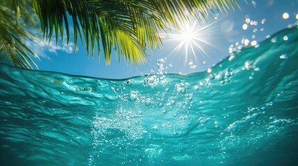 Poster - Clear blue water with bubbles rising, illuminated by sunlight shining through, with tropical palm trees framing the scene, evoking a serene beach atmosphere.