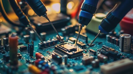 Poster - Close-up of a diode being tested with multimeter probes, surrounded by circuit boards, wires, and tools on an electronics workbench.
