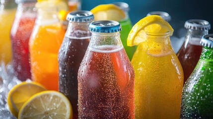 Poster - Close-up of assorted chilled glass bottles and cans of fizzy drinks such as cola and lemon-lime soda, offering a vibrant and refreshing summer collection.