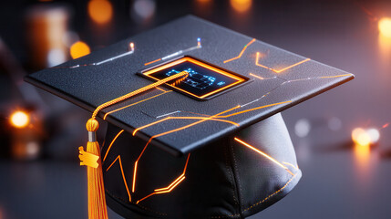 Aufkleber - futuristic graduation cap with smart technology features glowing orange circuits and digital display, symbolizing innovation and modern education