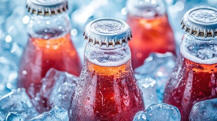 Poster - Cold soda bottles chilled in ice, perfect for a refreshing drink on a warm summer day, showcasing the ultimate thirst-quenching scene.