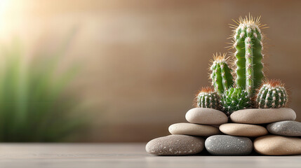 Aufkleber - visually stunning arrangement of smooth green cacti on stack of rounded stones creates serene and natural composition. soft lighting enhances tranquil atmosphere