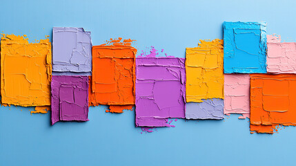 Aufkleber - Colorful abstract art with textured squares in vibrant hues of orange, purple, blue, and yellow on light blue background, creating lively and dynamic composition