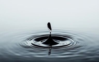 Poster - Close-up view of a water droplet impacting a dark-colored liquid surface, creating concentric ripples. The droplet is dark, almost black, and the background is a neutral light gray. The image is