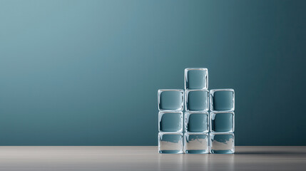 Poster - Clear ice cubes are neatly stacked on wooden surface against teal background, showcasing their transparency and geometric arrangement. minimalist composition evokes sense of calm and order