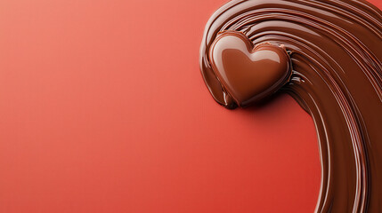 Aufkleber - heart shaped piece of chocolate rests on smooth swirl of melted chocolate against warm red background, creating sense of indulgence and romance