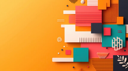 Poster - vibrant abstract design featuring geometric patterns with bold colors like orange, red, teal, and cream. composition includes various shapes and textures, creating dynamic visual effect