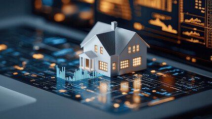 Poster - detailed 3D scene features white house model on digital financial interface, with graphs and data charts in background, symbolizing real estate market analysis