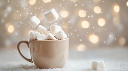 Poster - Marshmallows floating above a steaming mug of hot chocolate, with a soft, sparkling background, evoking cozy winter vibes and warmth.