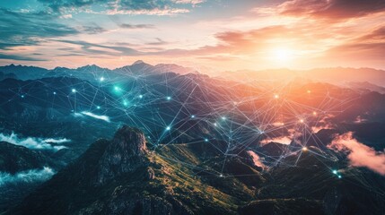 Poster - Network cables stretch across a breathtaking landscape, symbolizing global digital connections and the future of communication.