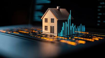 Leinwandbilder - small 3D model of house is placed on dark laptop keyboard, surrounded by glowing data charts, symbolizing real estate technology and digital analytics