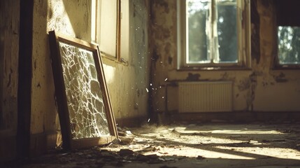 Aufkleber - The remains of a broken mirror in a neglected room, with dust particles floating in the sunlight, giving the space a melancholic, deserted feeling.