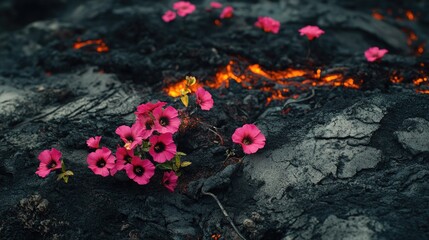 Poster - Vibrant flowers blooming amidst dark, charred earth, creating a striking contrast between nature's resilience and the devastation of destruction.
