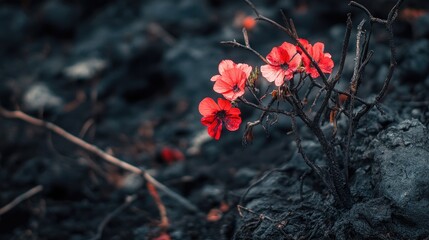 Poster - Vibrant flowers blooming amidst dark, charred earth, creating a striking contrast between nature's resilience and the devastation of destruction.