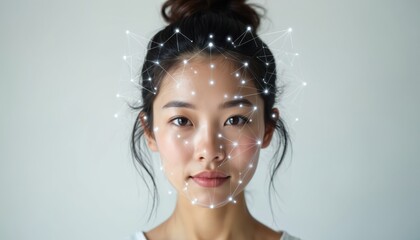 Fototapete - Biometric facial recognition scanning young Asian woman. Digital identification process on white background. Futuristic security tech concept. Artificial intelligence, face recognition system.