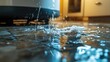 © Natchooda - Water leaking from an old, damaged heater onto the floor, causing significant water damage and highlighting a home plumbing issue.