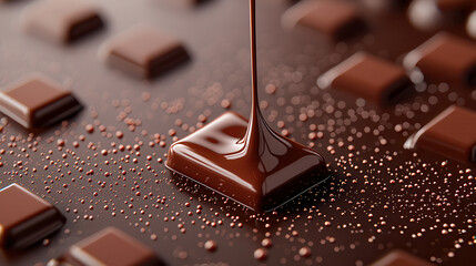 Poster - stream of glossy melted chocolate pours onto square piece, surrounded by scattered chocolate squares and cocoa powder, creating rich and indulgent scene