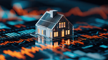 Poster - modern 3D scene of white house with solar panels sits on digital financial chart, symbolizing real estate investment and technology integration. glowing windows add warmth
