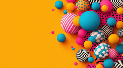 Aufkleber - vibrant abstract design features dynamic shapes and bold colors, including blue, pink, and orange spheres with various patterns like stripes and polka dots, creating lively visual impact