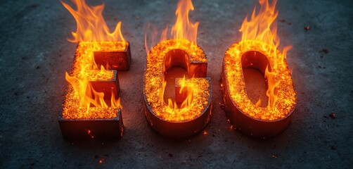 Poster - Burning word ego with flames against dark backdrop. Concept about self-importance, pride, conceit, vanity, hubris. Fire destruction, passion. Artistic message with bold meaning, visual metaphor for