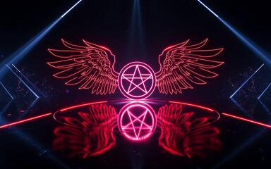 Aufkleber - a neon red pentagram with stylized wings is reflected on a glossy black surface. blue light beams ad