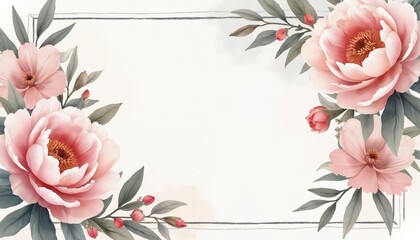 Poster - Watercolor illustration of peony flowers in delicate, minimalist frame. Pink blossoms, green leaves, soft pastel colors create romantic atmosphere. Ideal for wedding invitations, greeting cards,