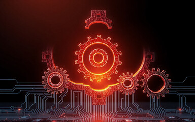 Aufkleber - glowing gears and circuit patterns are arranged in a digital design against a dark backdrop. red and