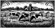 © Vexora Studio - dairy cows grazing in a field landscape engraving black and white outline