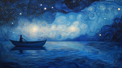 Wall Mural - starry night boat journey: lone figure under swirling galaxy sky