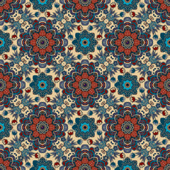 Wall Mural - beautiful floral fairytale pattern in folk style. seamless print for fabric. blue and red big and sm