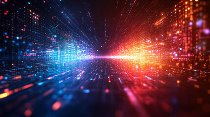 Poster - A technology background featuring two parallel paths in a red and blue color scheme, symbolizing the convergence of different technological pathways in a futuristic and modern world.

