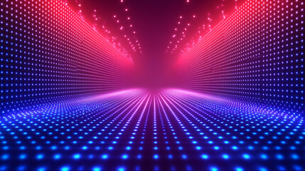 Poster - A technology background featuring two parallel paths in a red and blue color scheme, symbolizing the convergence of different technological pathways in a futuristic and modern world.

