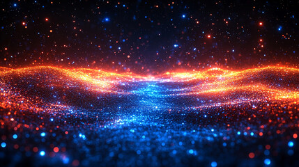 Poster - A technology background featuring two parallel paths in a red and blue color scheme, symbolizing the convergence of different technological pathways in a futuristic and modern world.

