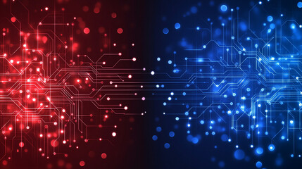 Poster - A technology background featuring two parallel paths in a red and blue color scheme, symbolizing the convergence of different technological pathways in a futuristic and modern world.

