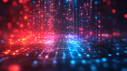 Poster - A technology background featuring two parallel paths in a red and blue color scheme, symbolizing the convergence of different technological pathways in a futuristic and modern world.

