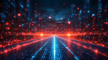 Poster - A technology background featuring two parallel paths in a red and blue color scheme, symbolizing the convergence of different technological pathways in a futuristic and modern world.

