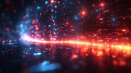 Poster - A technology background featuring two parallel paths in a red and blue color scheme, symbolizing the convergence of different technological pathways in a futuristic and modern world.

