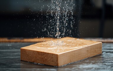 Poster - Water droplets splashing on a light brown rectangular wooden block. The background is dark and blurred.  The image focuses on the water's texture and the wood's surface