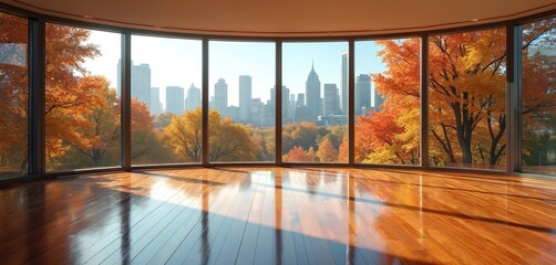 Poster - Empty modern room with large panoramic windows overlooking city skyline during fall season. Autumn foliage reflects on hardwood floor. Sunny daylight, bright view, office space, commercial property